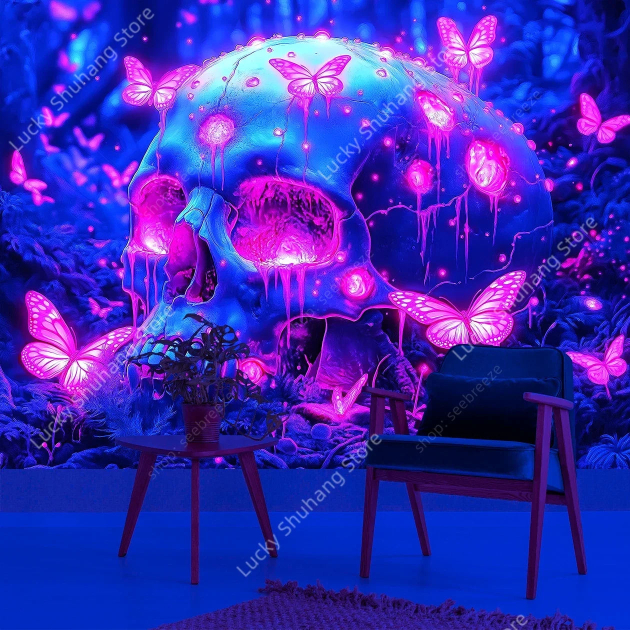 UV Skull Tapestry: Neon Forest Butterflies & Mushrooms