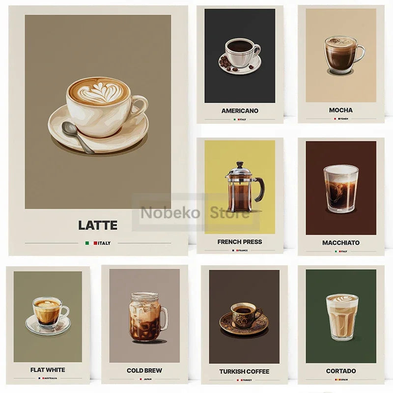 Italian Coffee Canvas Art: Americano, Latte, Mocha, Espresso