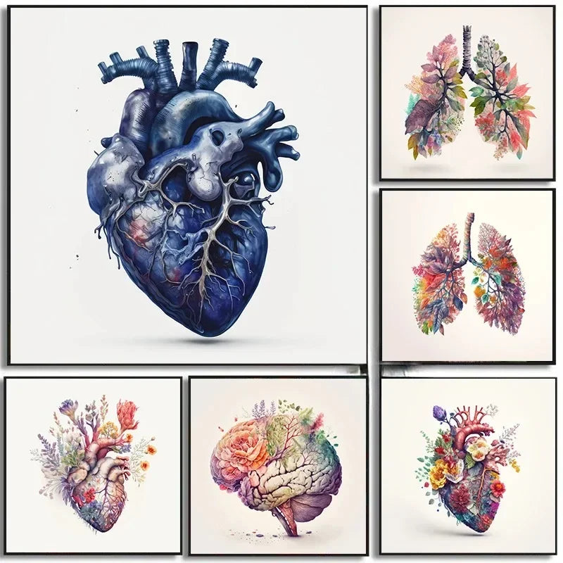 Anatomical Heart Brain Lungs Watercolor Canvas Art Print