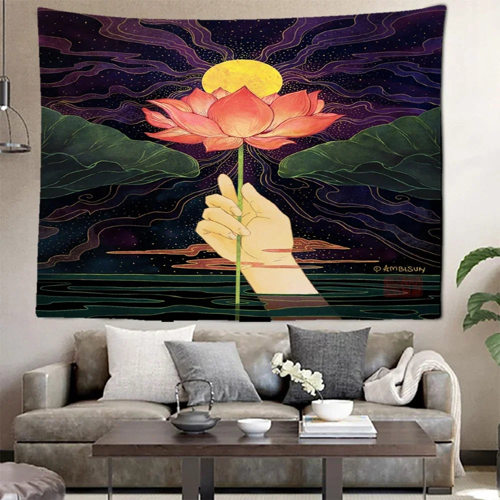 Lotus Canvas Tapestry Wall Art for Living Room Decor