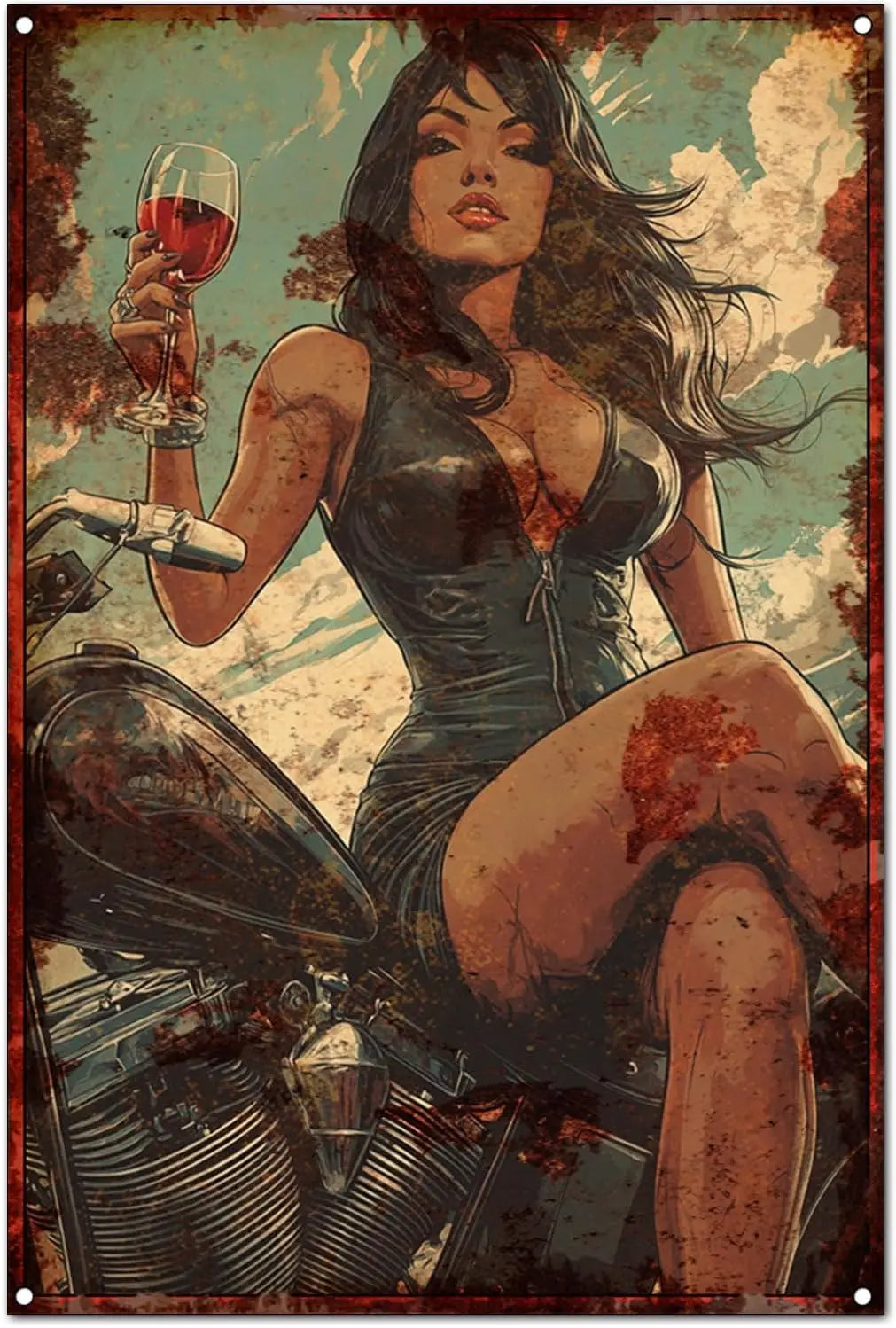 Vintage Motorcycle Wine Tin Sign - Retro Wall Art Decor