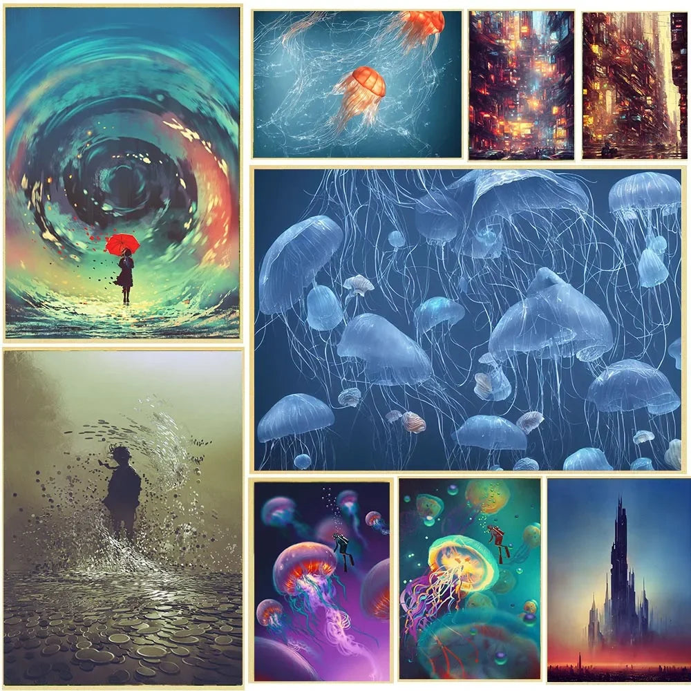 Anime Jellyfish Canvas Wall Art for Living Room Decor