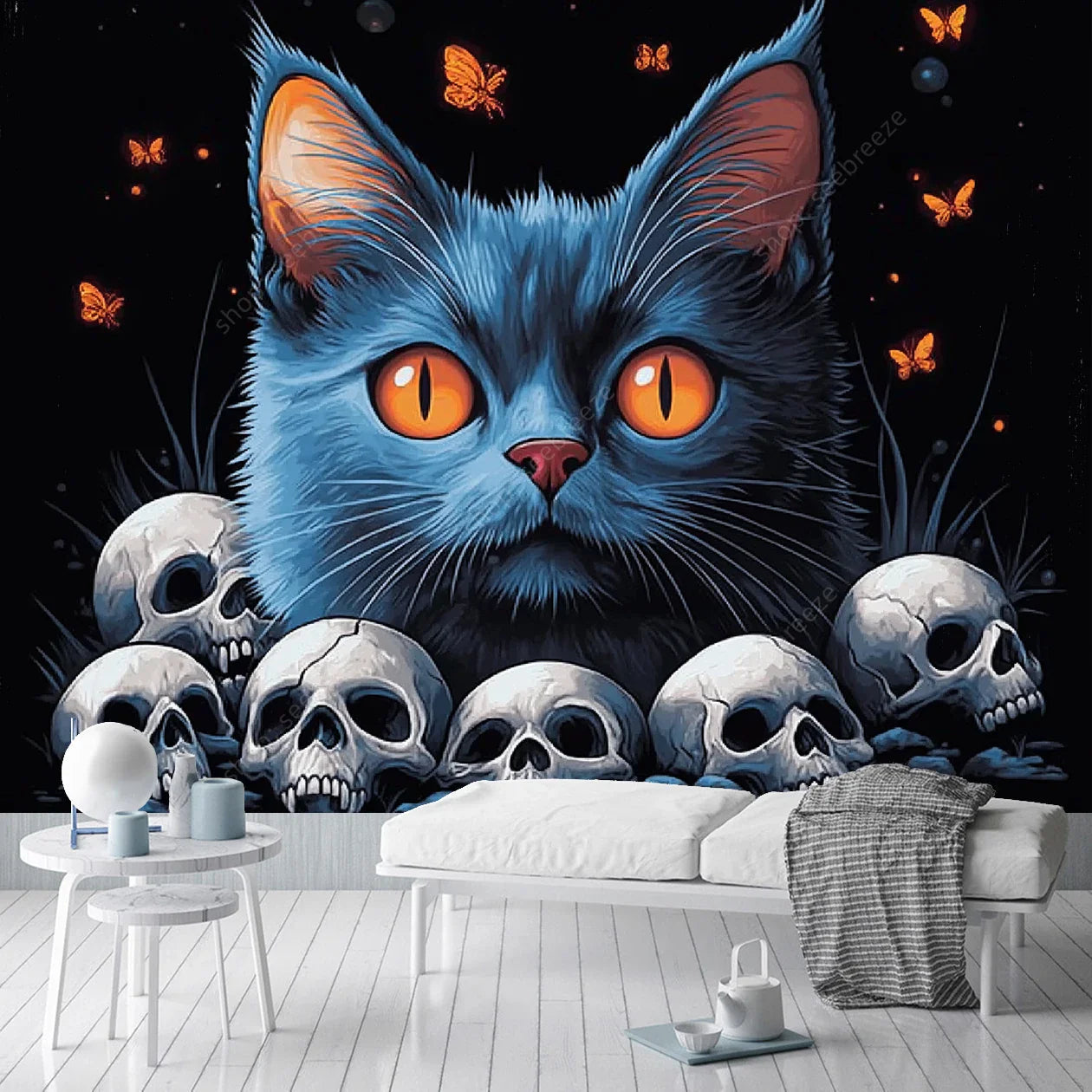 Blue Cat Skull Gothic Tapestry Wall Art Decor