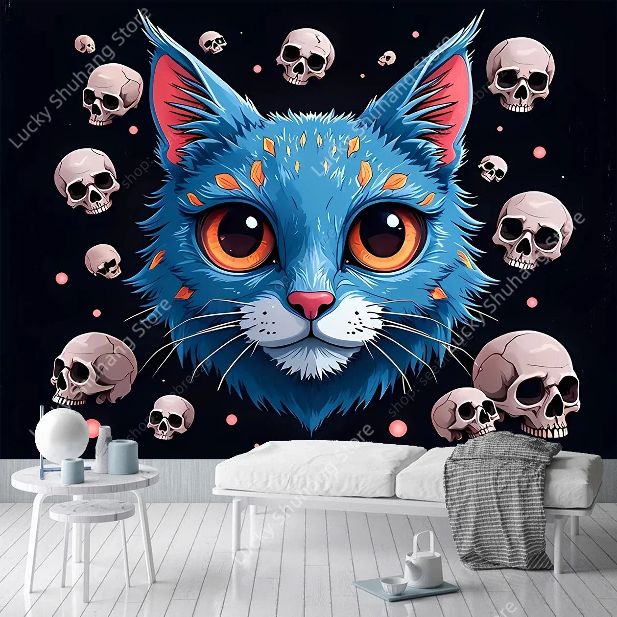 Blue Cat Skull Gothic Tapestry Wall Art Decor