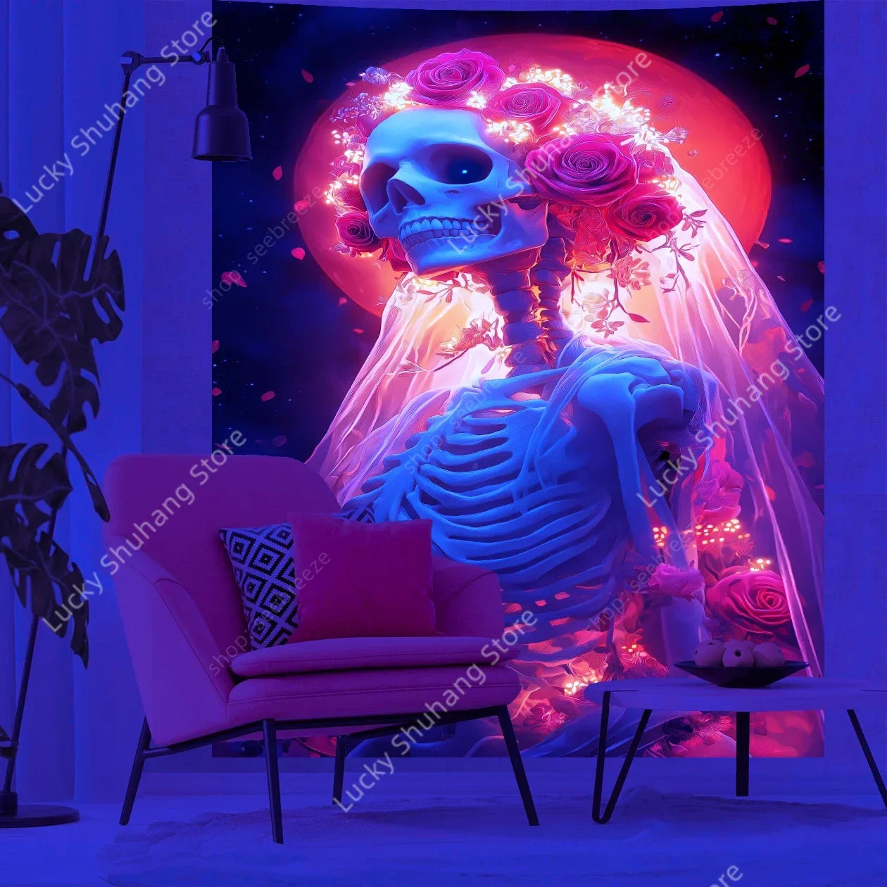 Gothic Skull Bride Floral Tapestry Wall Art Decor