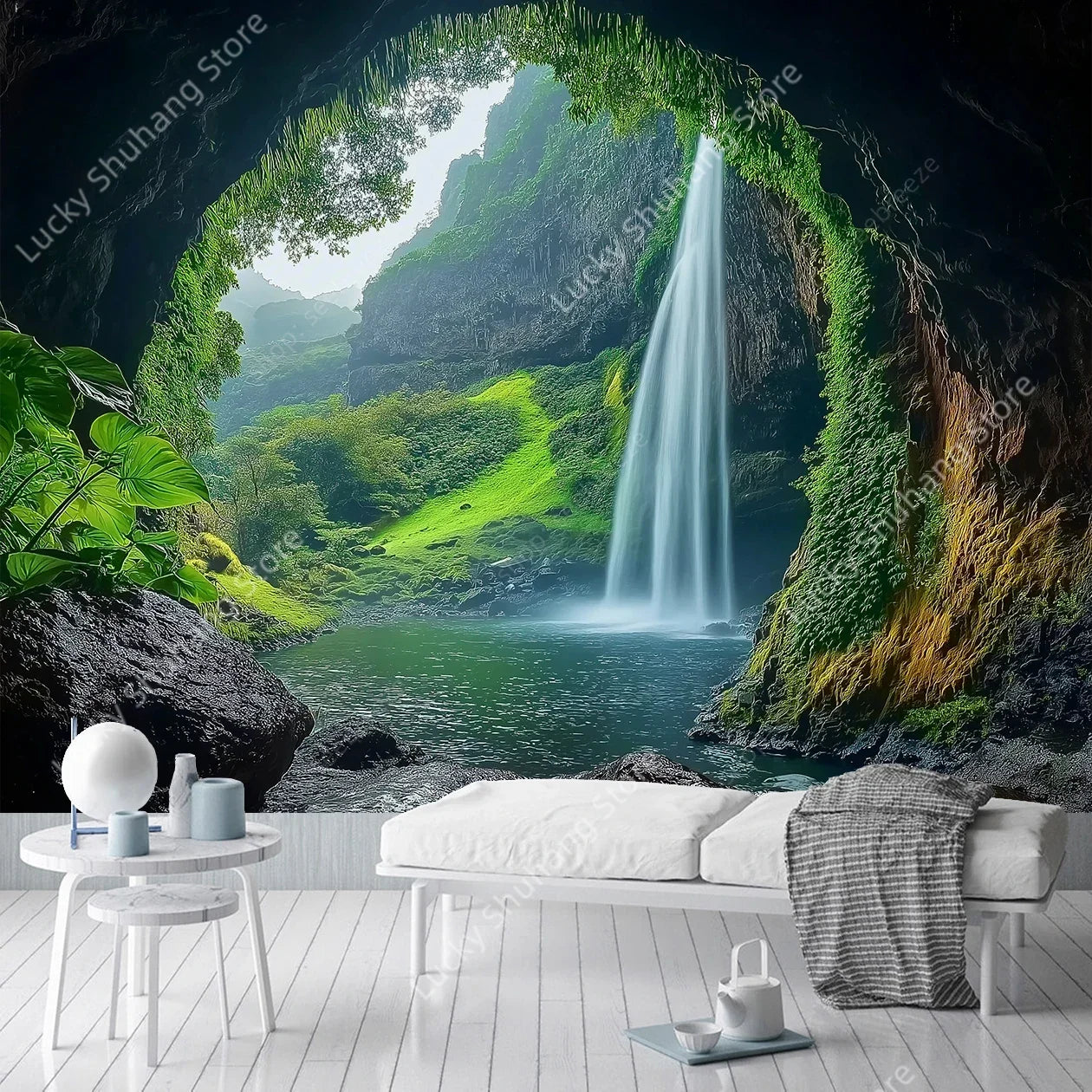 Forest Waterfall Tapestry: Nature Wall Art for Bedroom Decor