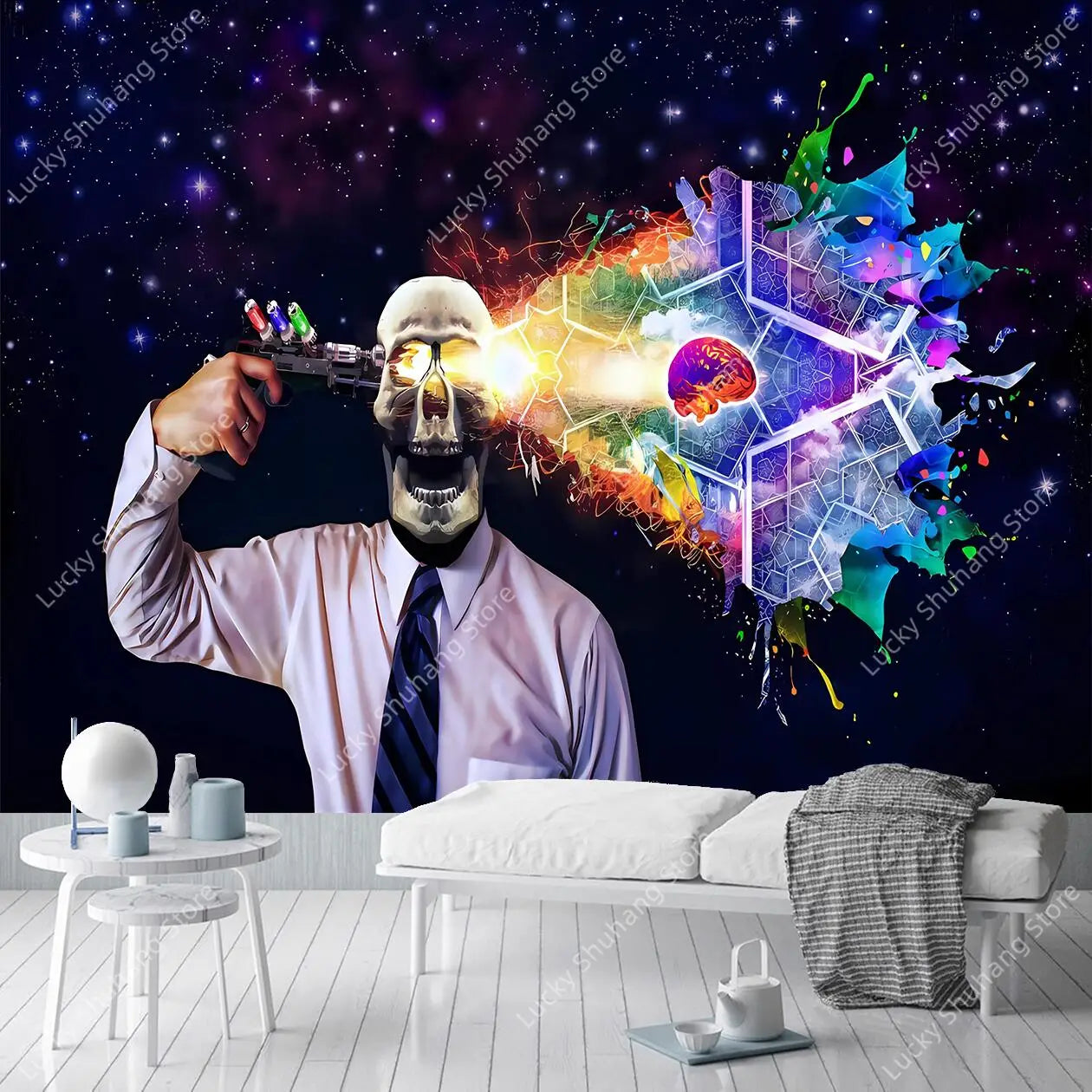 Futuristic Skull Tapestry: Surreal Brain Energy Decor
