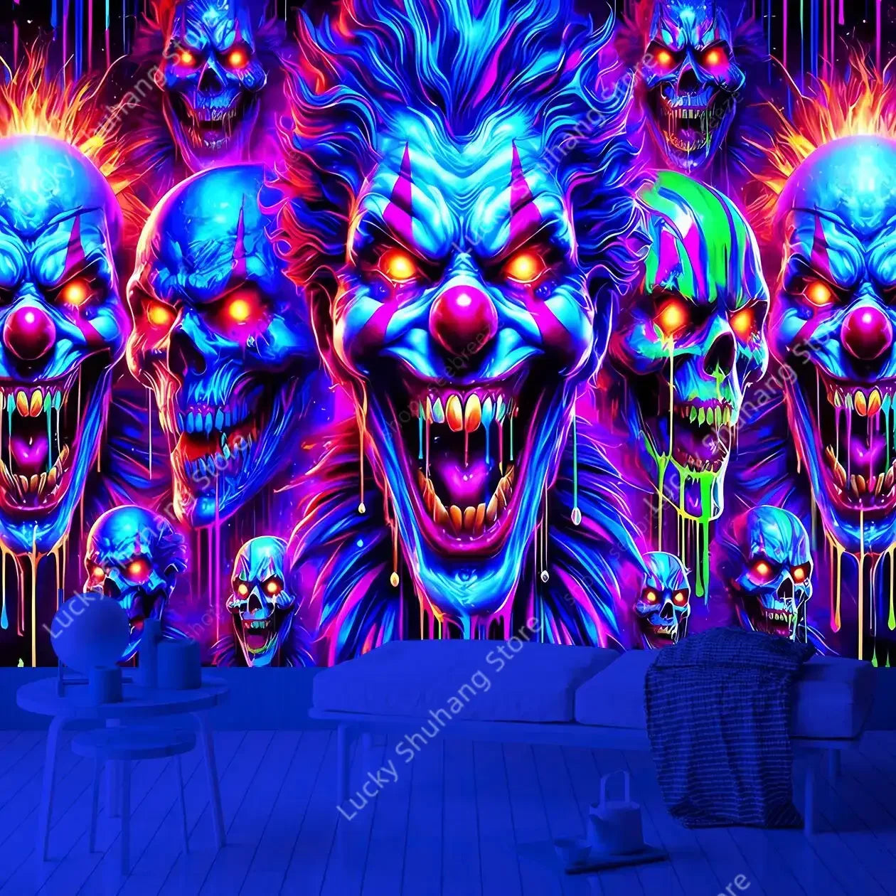 Neon Skull Clown UV Tapestry Horror Wall Art Decor