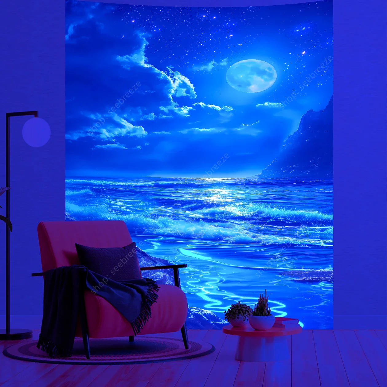 Luminous Ocean Night Tapestry - Glowing Beach Wall Art