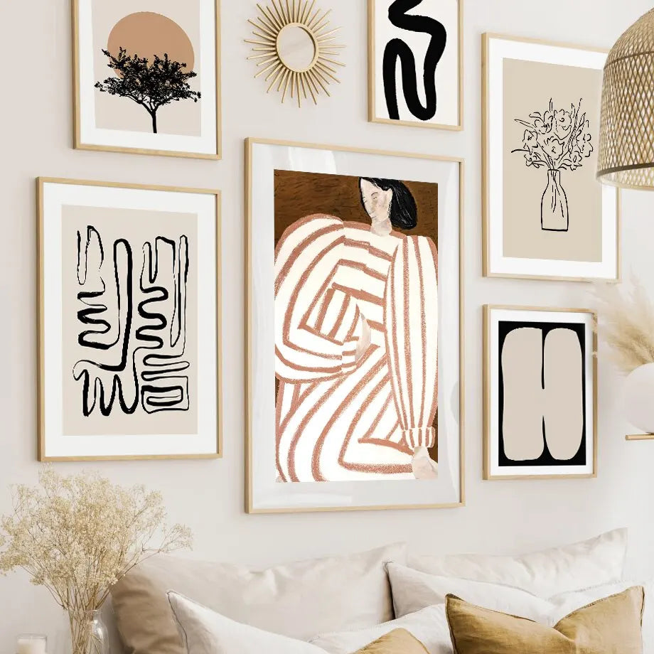 Beige Boho Line Art Canvas: Girl with Vase Wall Decor