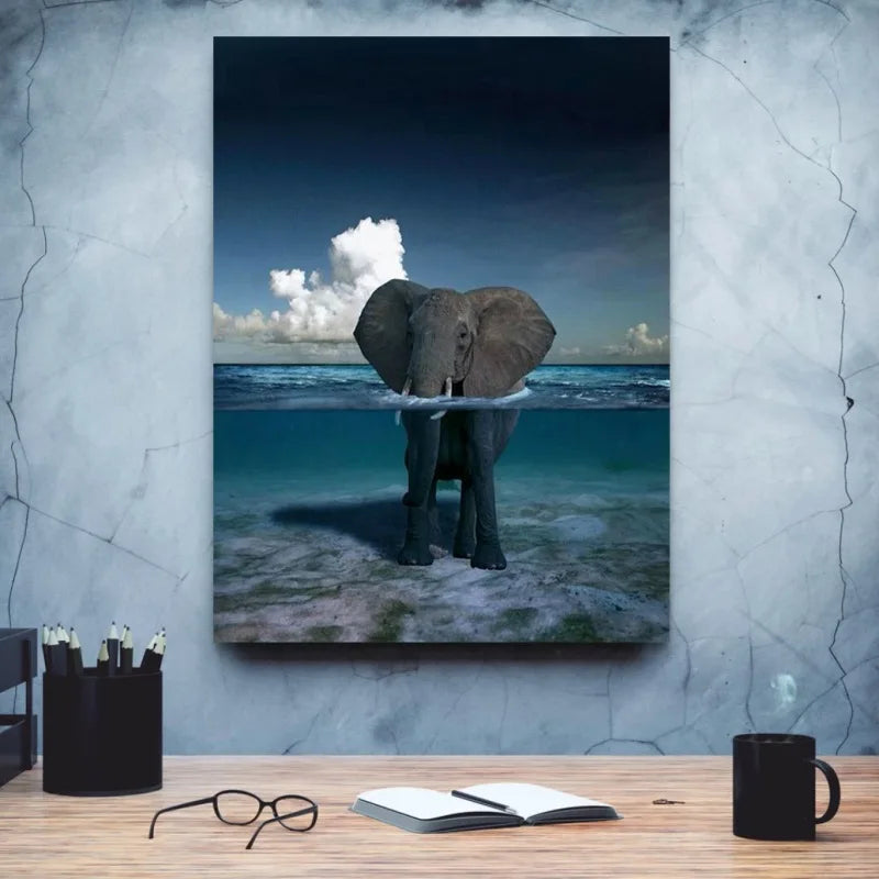 Baby Elephant Canvas Wall Art - Cute Blue Lake Poster