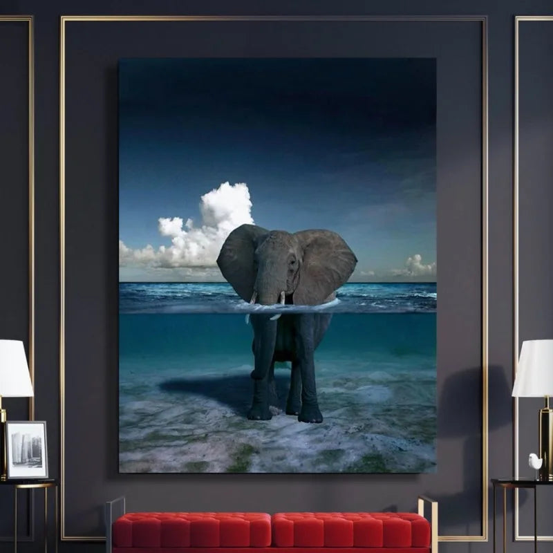 Baby Elephant Canvas Wall Art - Cute Blue Lake Poster