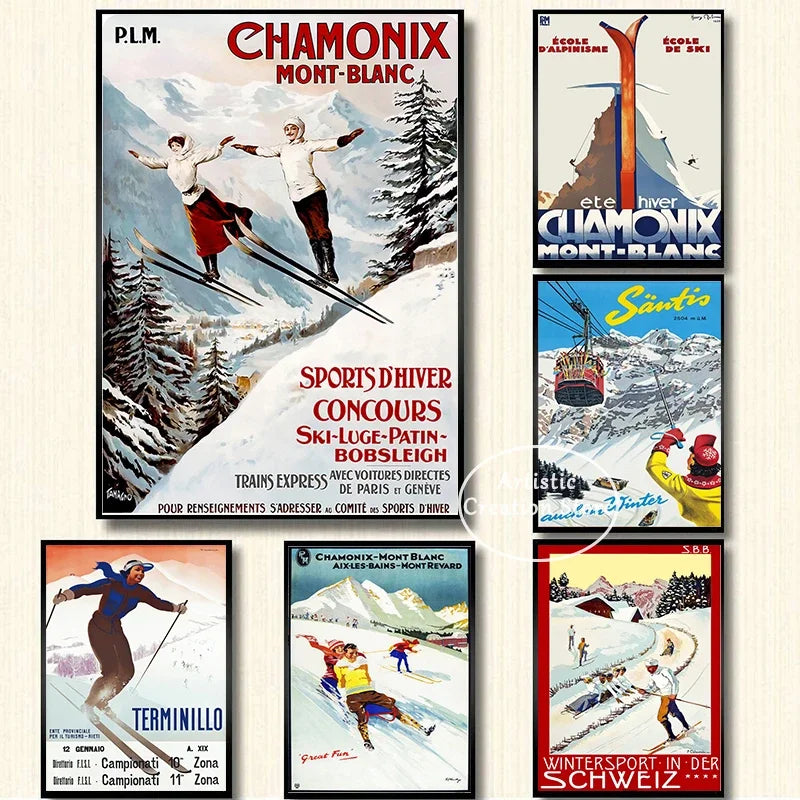 Chamonix Mont Blanc Ski Poster Canvas Wall Art