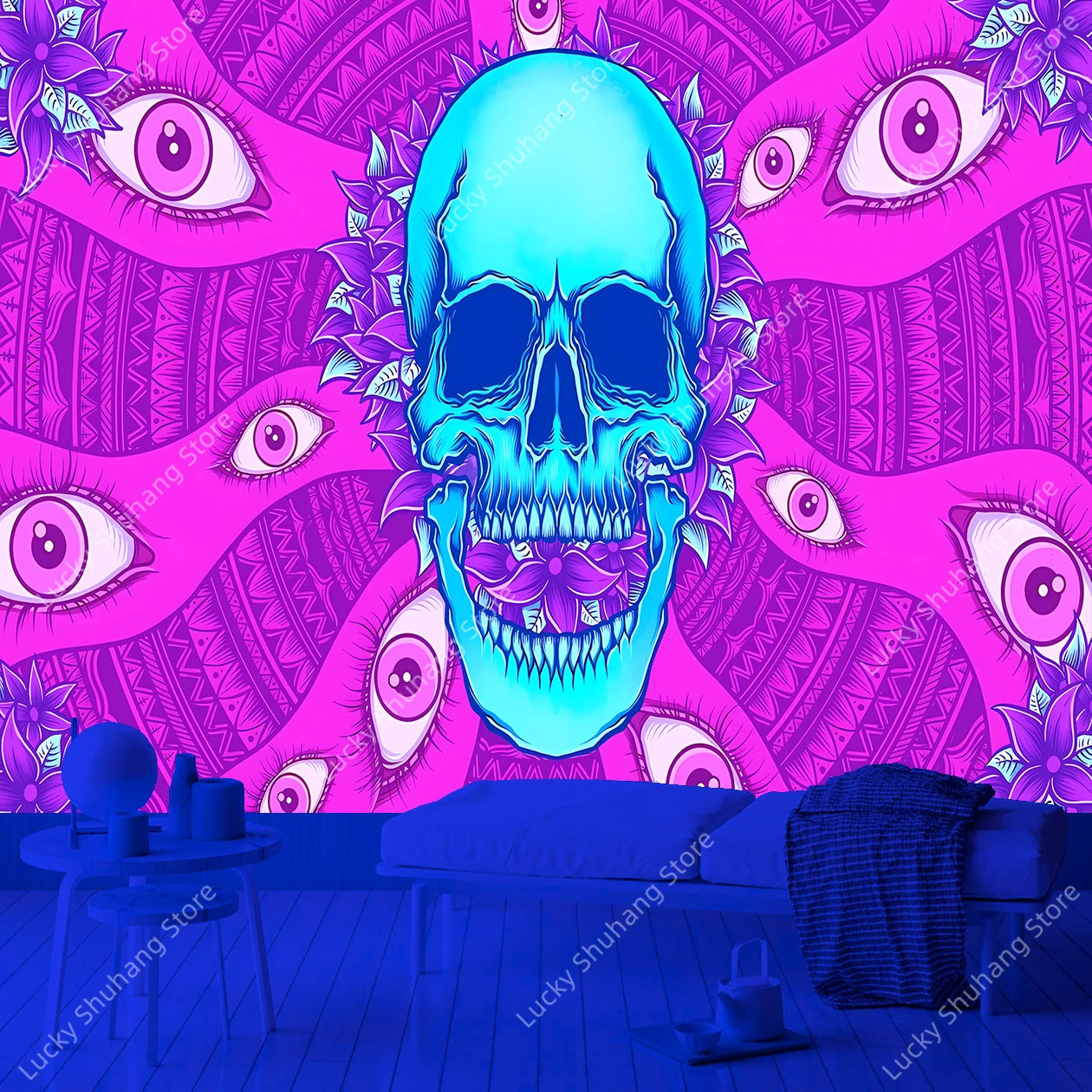 Psychedelic Blue Skull Mandala UV Tapestry Wall Art Decor