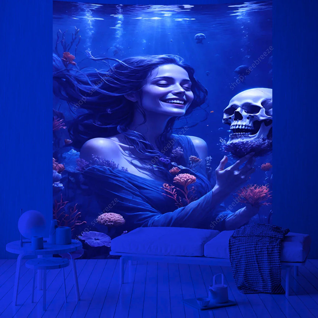 Gothic Mermaid Tapestry: Skull, Crown, Moonlit Seascape
