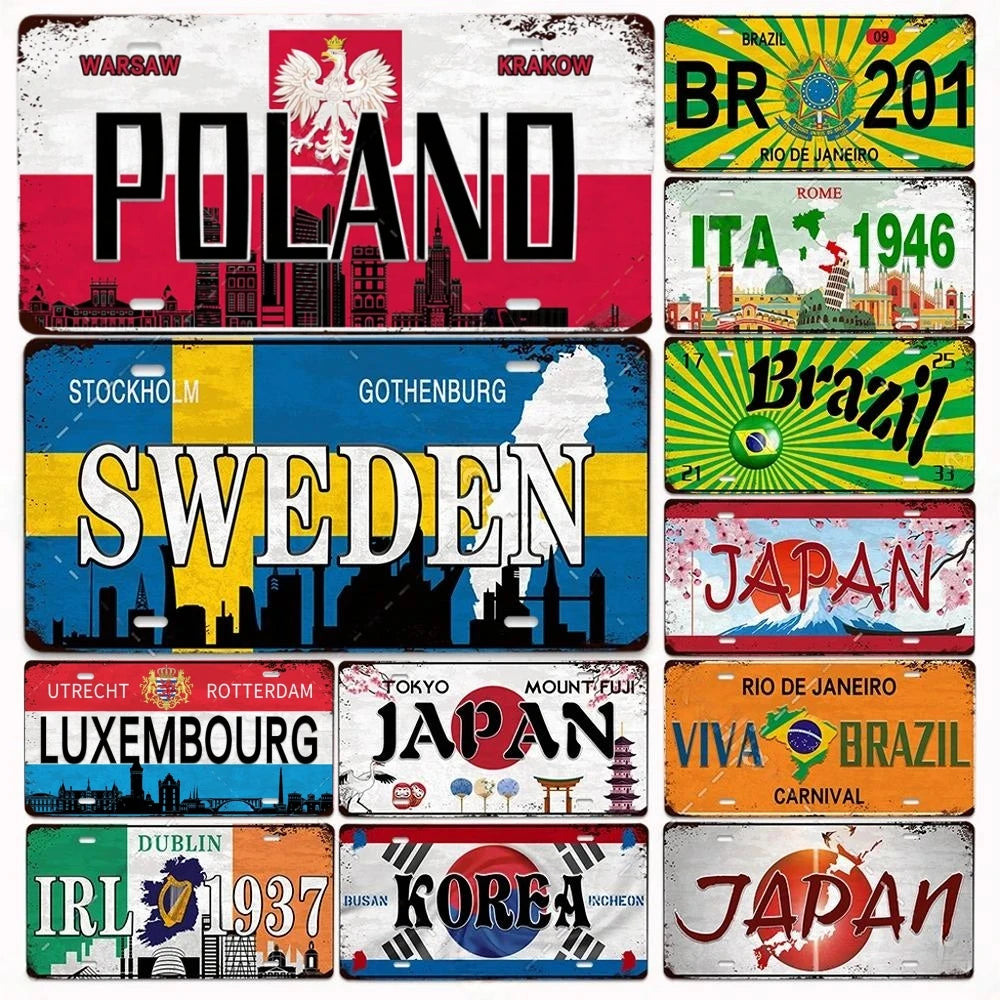 Vintage License Plate Signs: Italy, Brazil, Japan, Korea