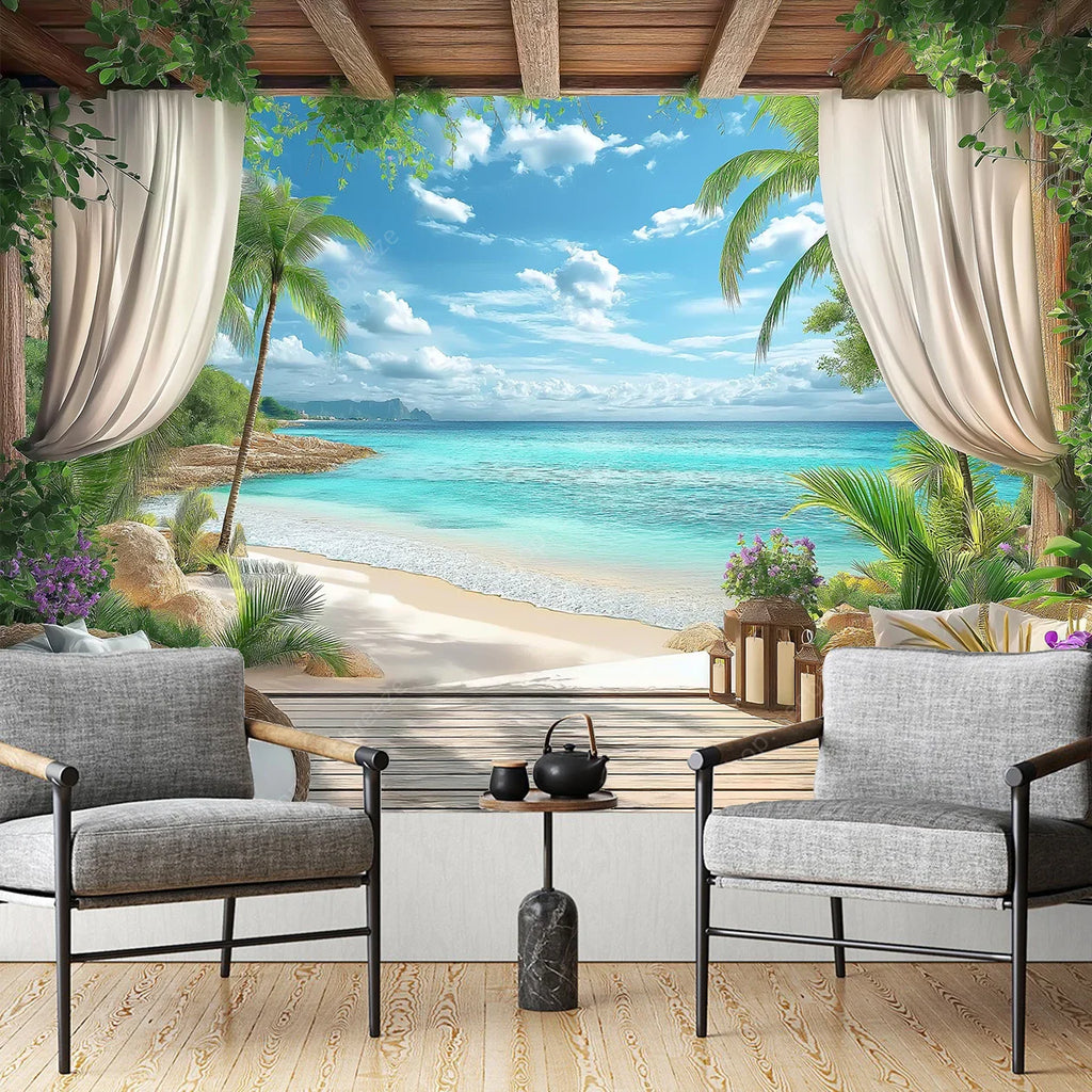 Palm Trees Beach Tapestry: Ocean Wall Art Decor