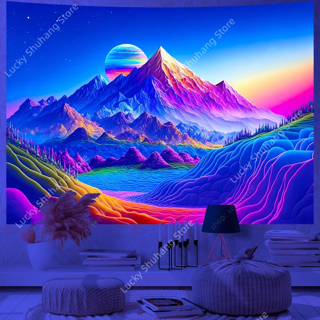 UV Reactive Hippie Mountain Lake Tapestry Wall Decor
