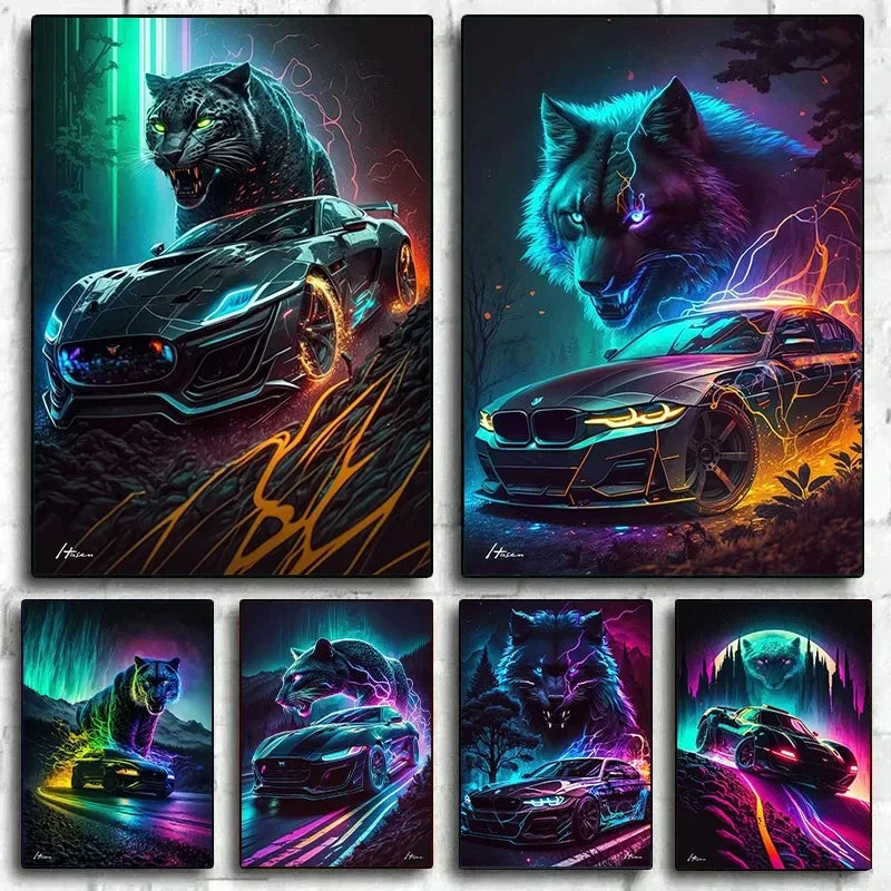 Neon Sport Cars Canvas Poster Wall Art Decor