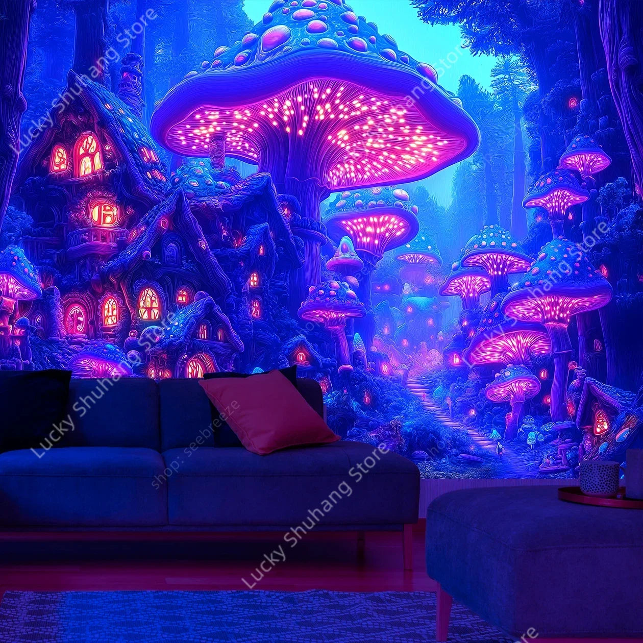 UV Reactive Mushroom Tapestry - Enchanted Forest Wall Art