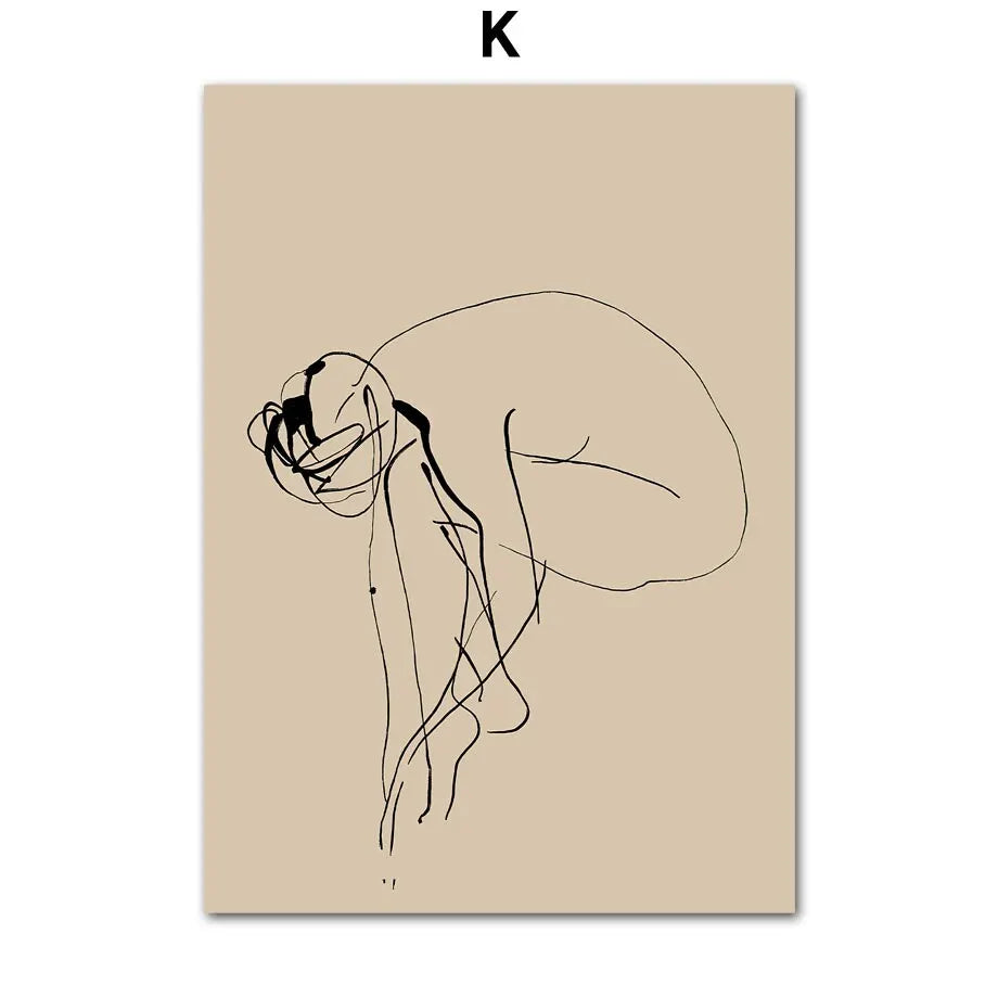 Beige Boho Line Art Canvas: Girl with Vase Wall Decor