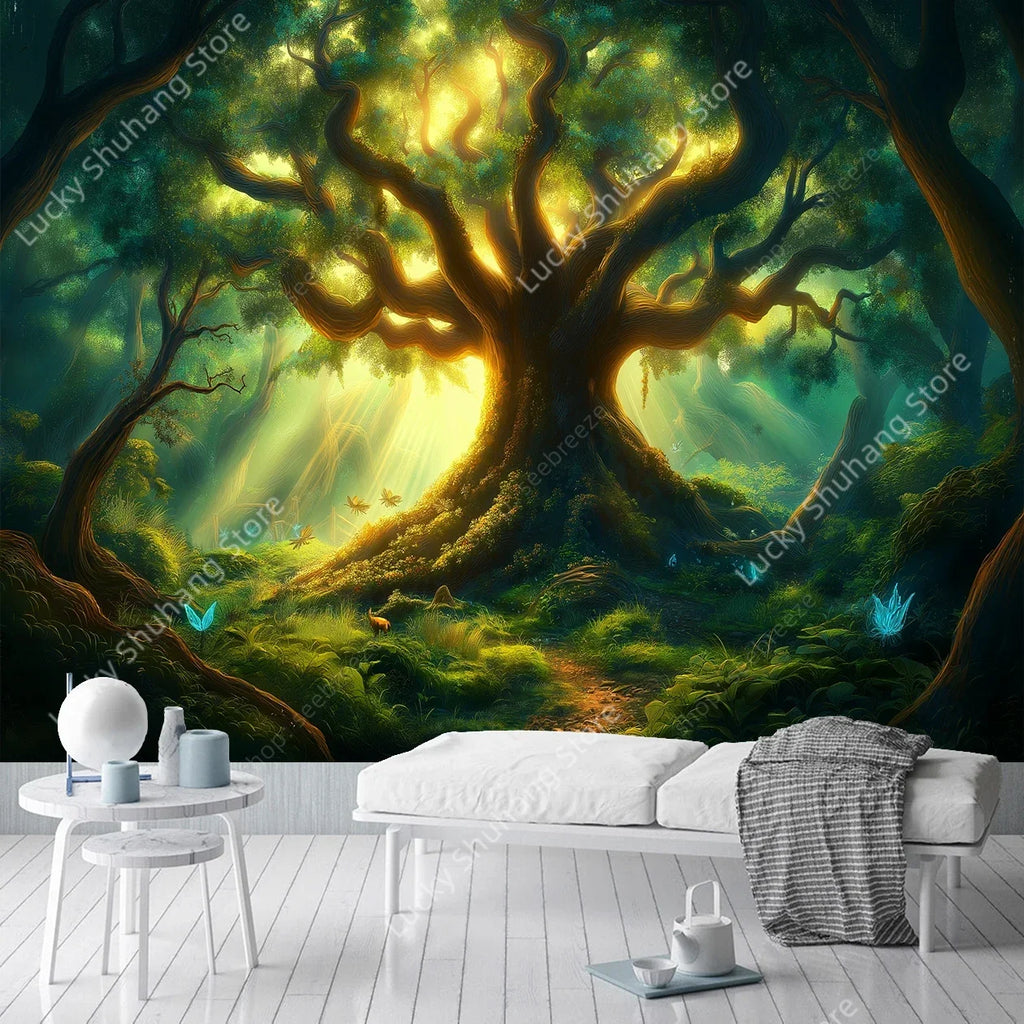 Majestic Forest Tapestry: Green Nature Meditation Decor