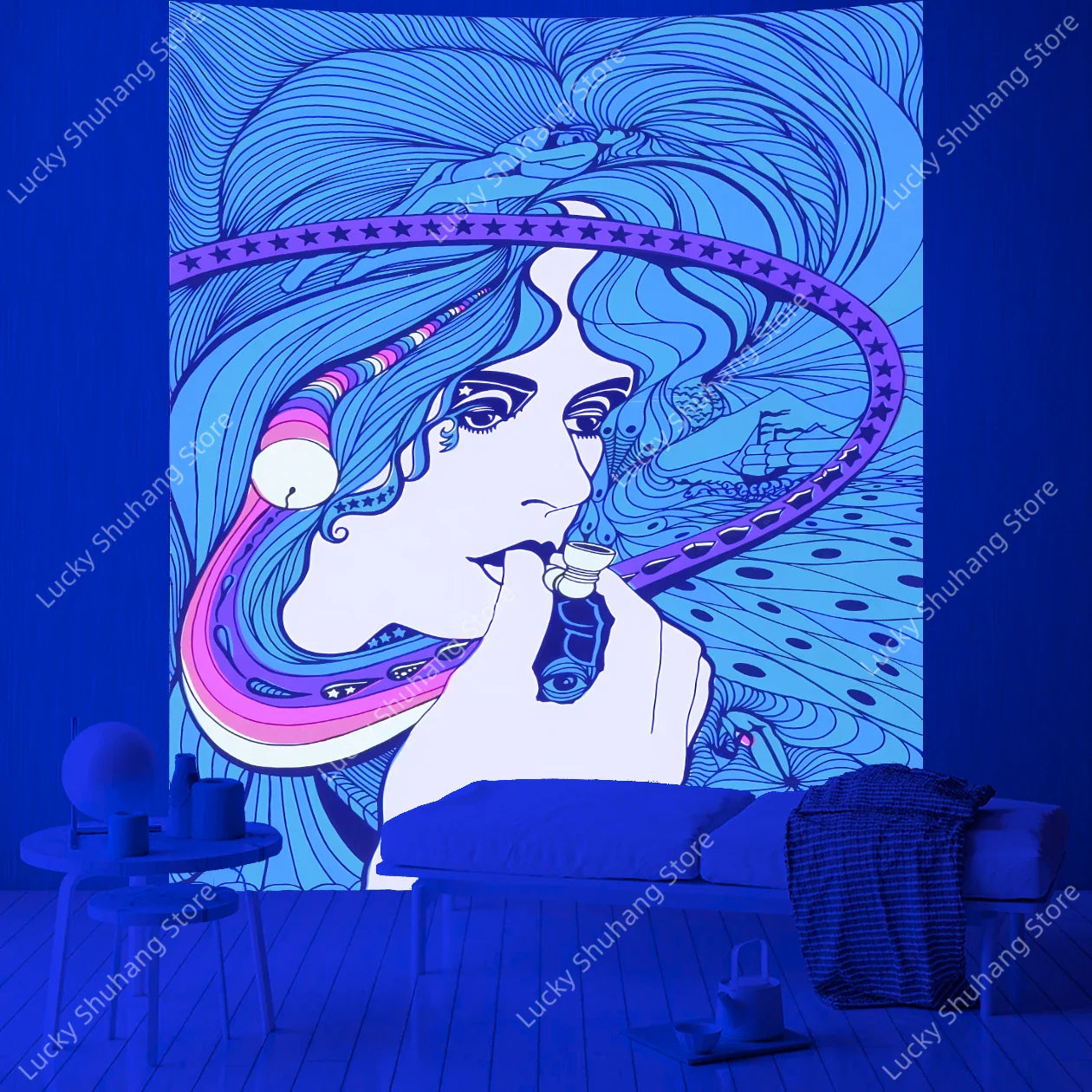 Boho Psychedelic Woman Tapestry: Floral Geometric Decor