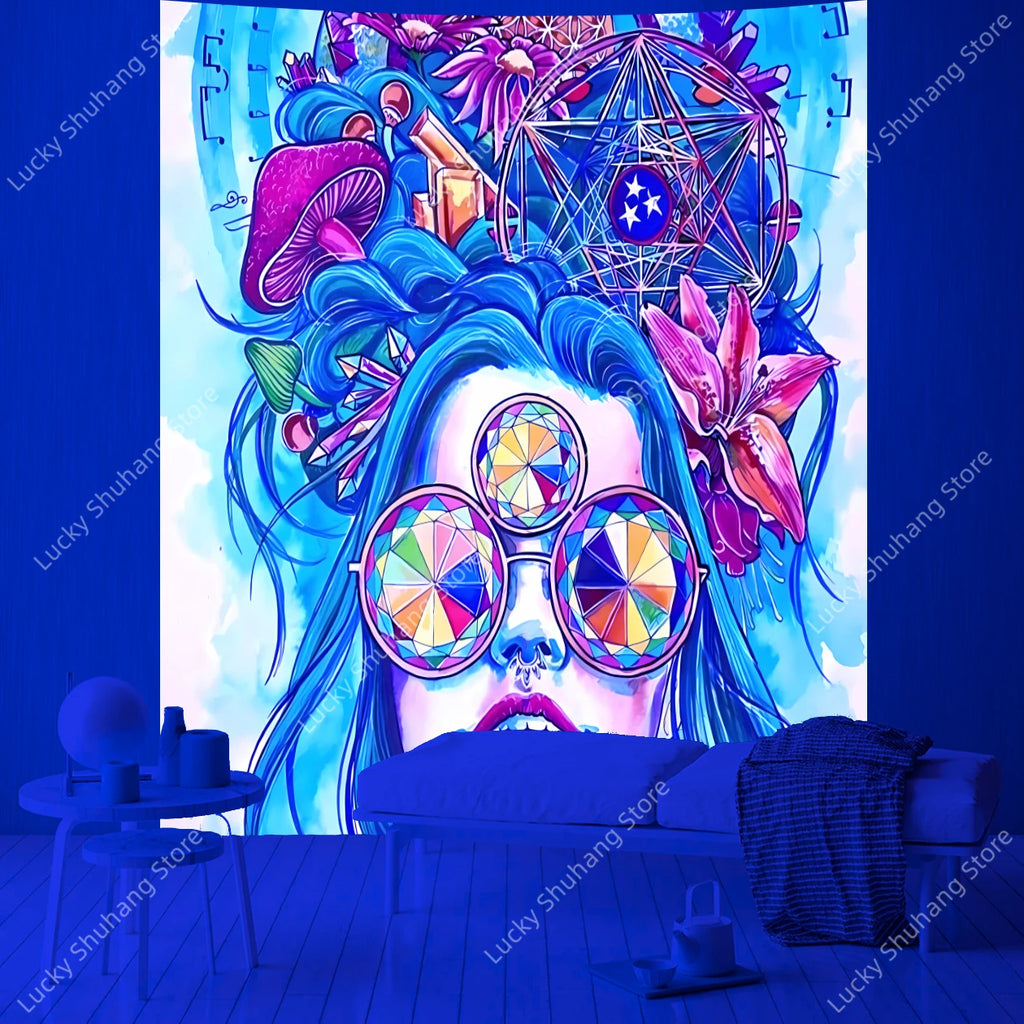 Boho Psychedelic Woman Tapestry: Floral Geometric Decor