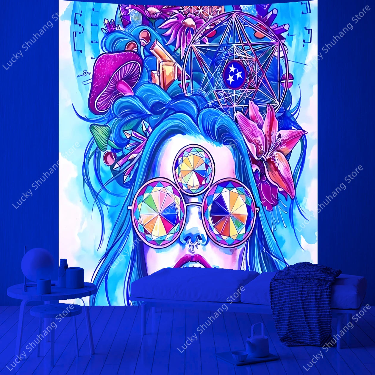 Boho Psychedelic Woman Tapestry: Floral Geometric Decor