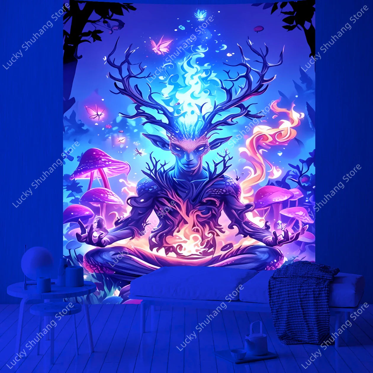 Mystical Deer UV Tapestry: Vibrant Bohemian Wall Art