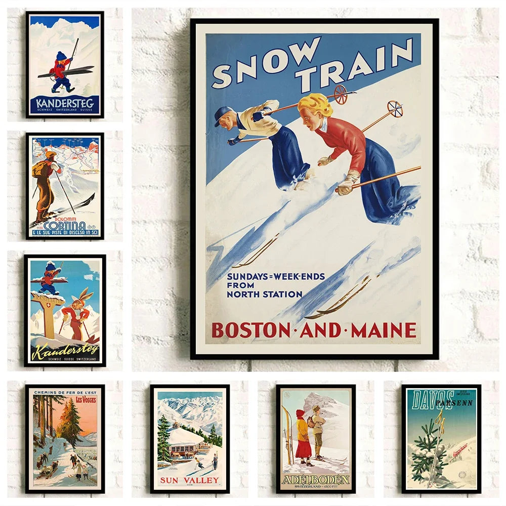 Vintage Ski Travel Poster: Boston, Norway, Italy Art