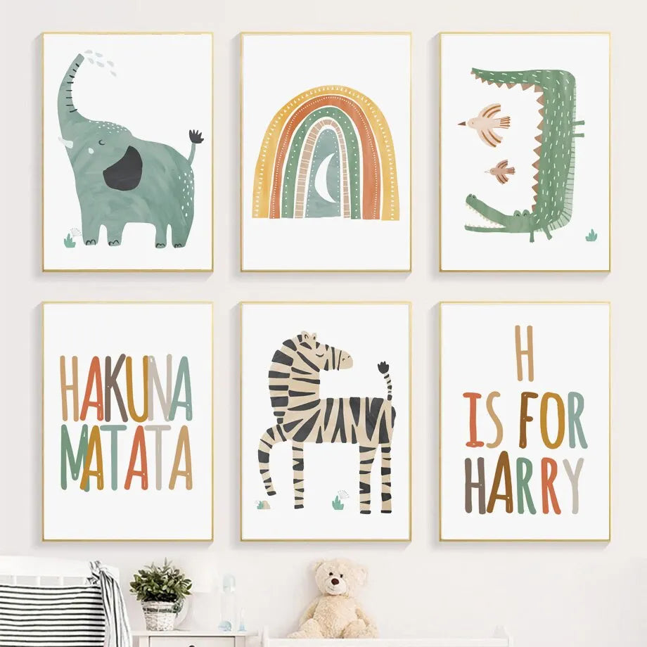 Boho Nursery Animal Wall Art: Toucan, Zebra, Elephant, Rainbow