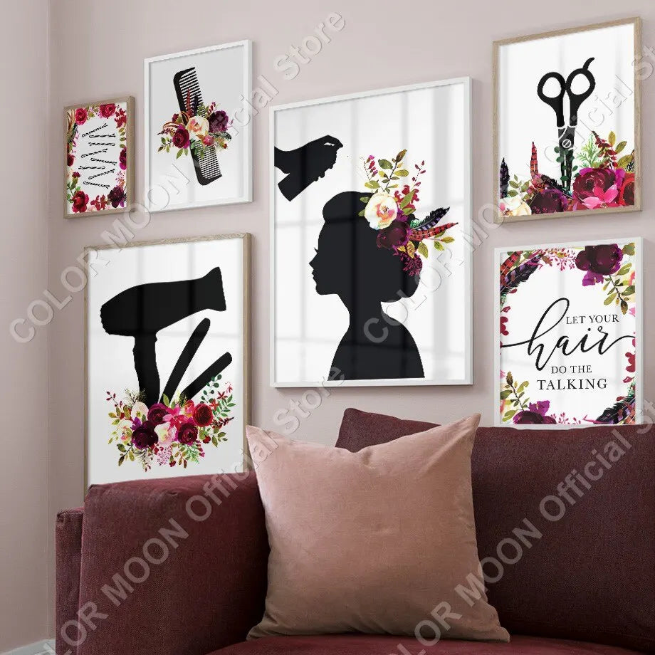 Floral Hair Salon Wall Art: Cosmetology Tools Canvas Print