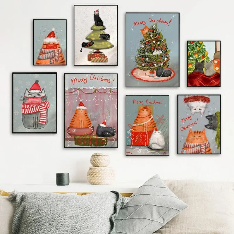 Santa Cat Christmas Ornaments Wall Art Decor