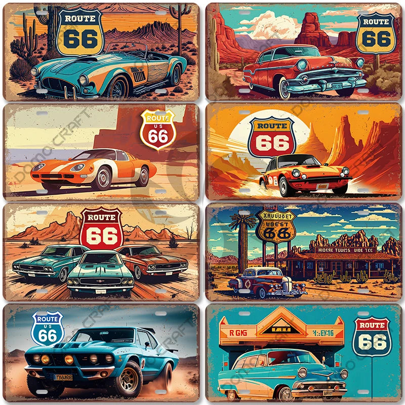 Route 66 Classic Car Metal Sign Wall Decor