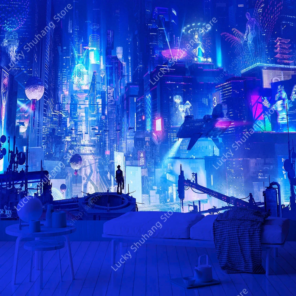 Cyberpunk UV Reactive Cityscape Tapestry Wall Decor
