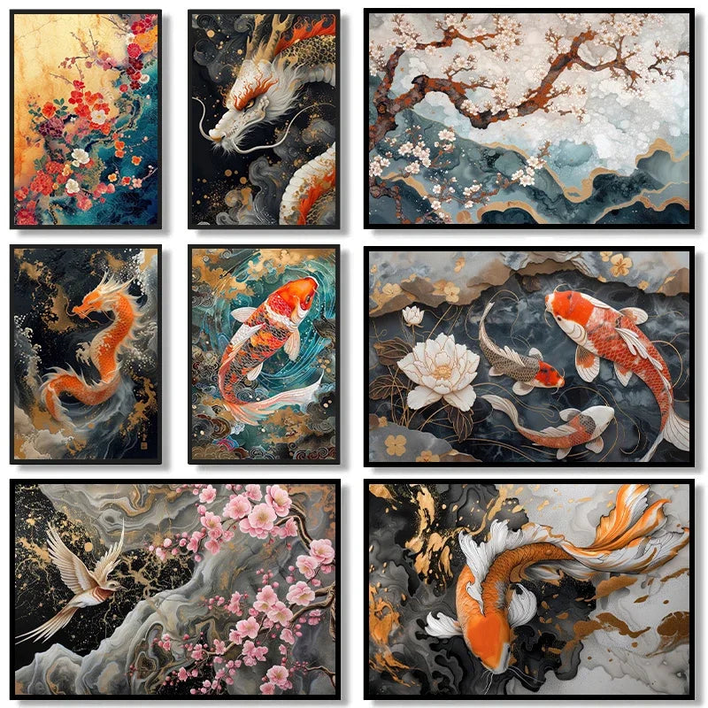 Dragon Koi Peony Canvas Art - Oriental Wall Decor Print