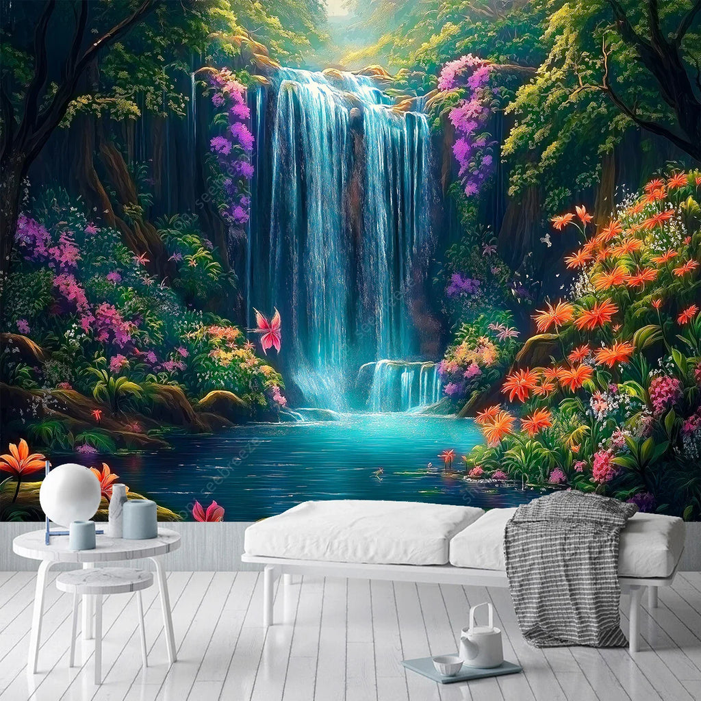 Waterfall Forest Tapestry: Nature Wall Art for Home Decor