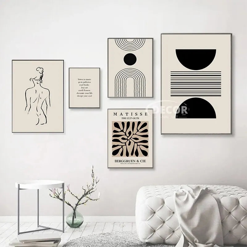Matisse Boho Line Art Canvas: Black Beige Wall Print