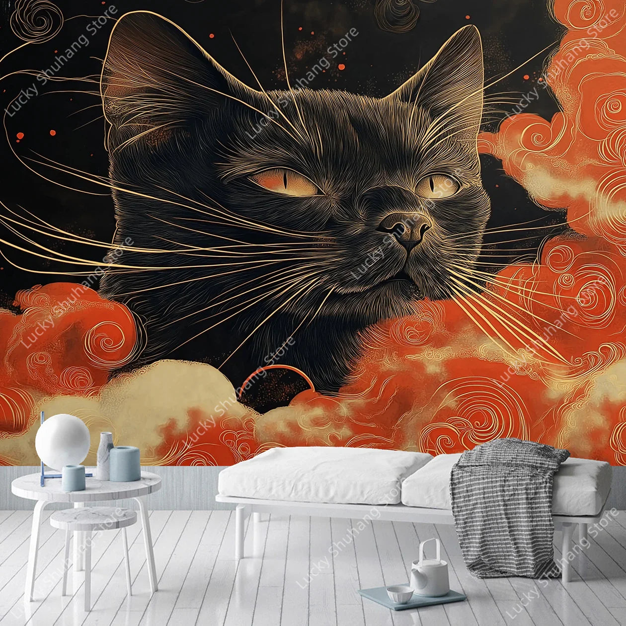 Black Cat Bohemian Tapestry Wall Art - Earth Tones Decor