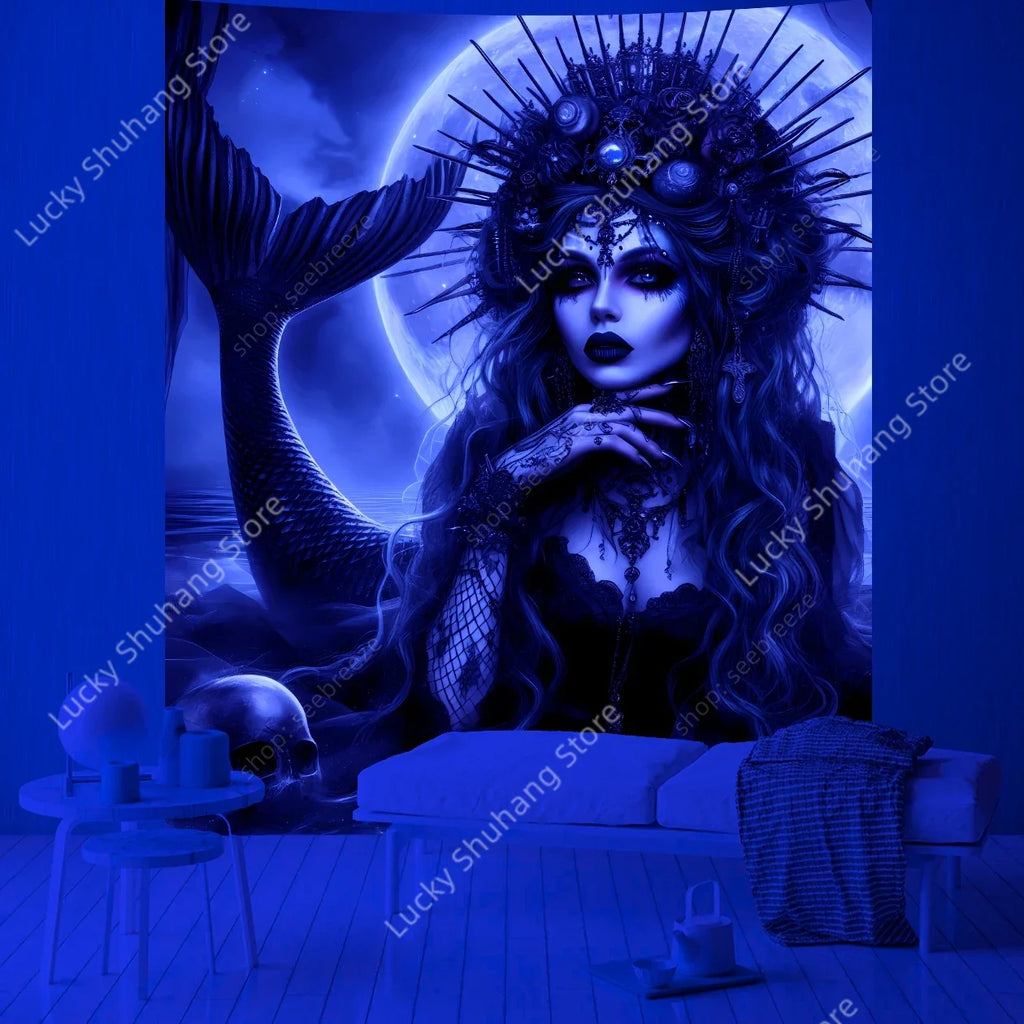 Gothic Mermaid Tapestry: Skull, Crown, Moonlit Seascape
