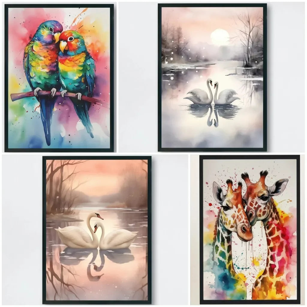 Lovebirds Parrot Swan Canvas Print - Animal Art Poster Gift