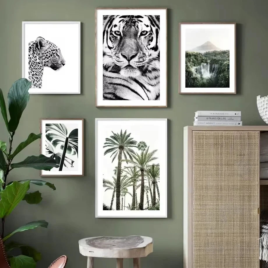 Tiger Leopard Waterfall Canvas Art Nordic Palm Prints