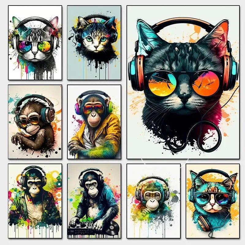 Music Graffiti Animal Canvas Art: Cat Gorilla Monkey Poster