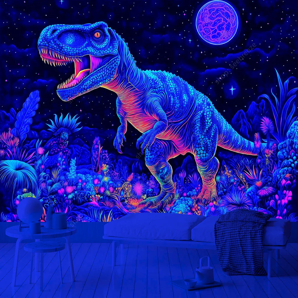 Neon Dinosaur Tapestry: UV Reactive T-Rex Wall Art Decor