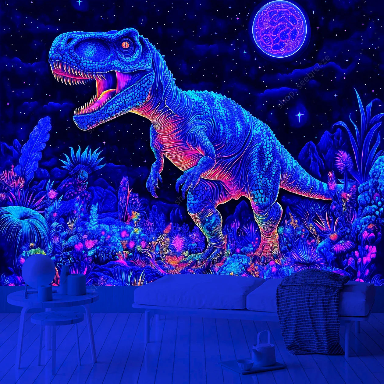 Neon Dinosaur Tapestry: UV Reactive T-Rex Wall Art Decor