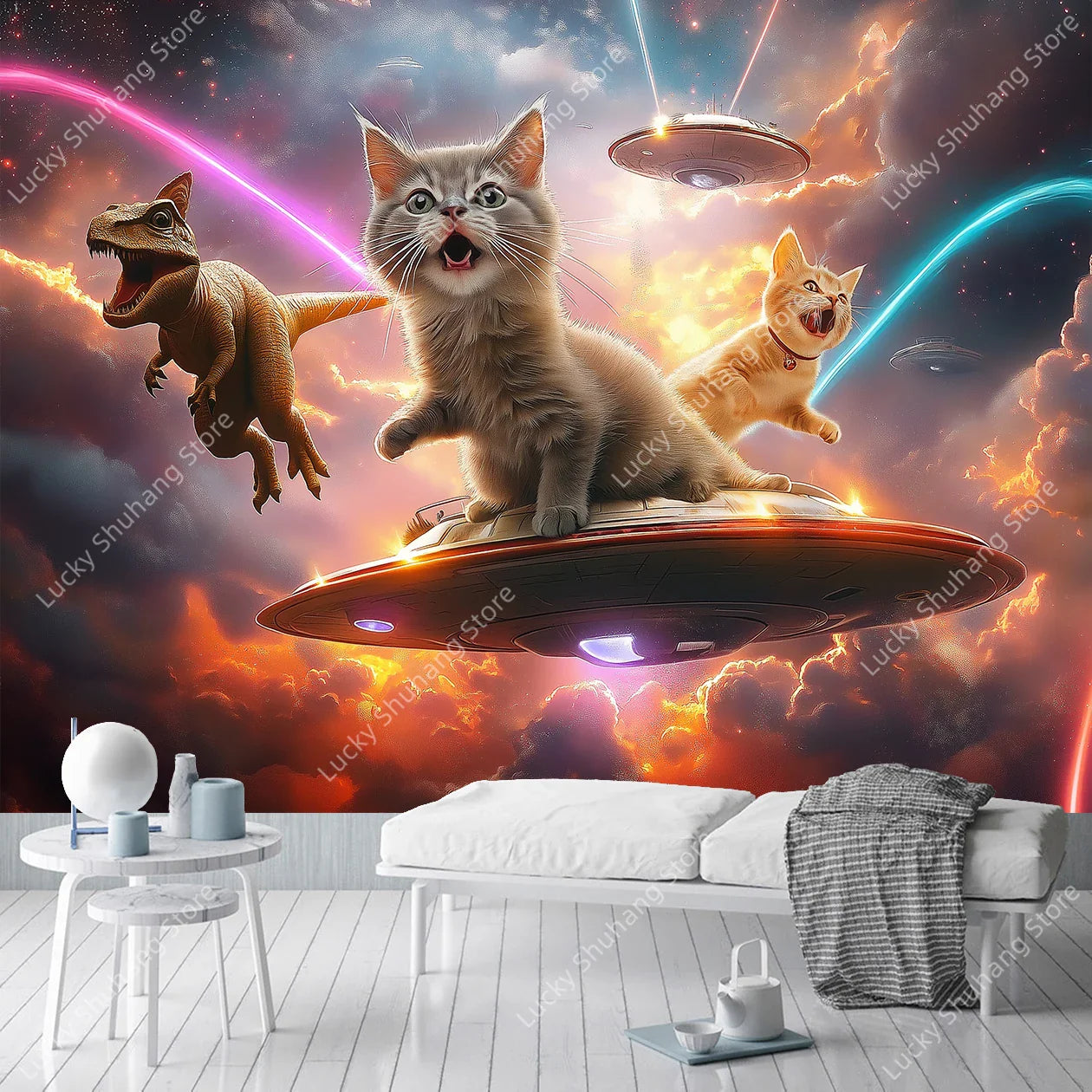 Cosmic Cats Dinosaur UFO Tapestry for Bedroom Decor
