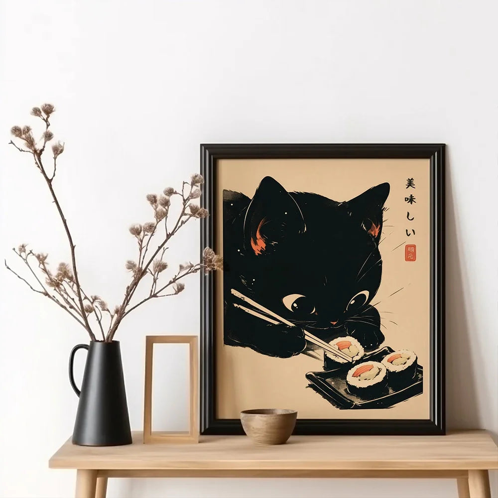 Japanese Sushi Cat Wall Art - Kitchen Bar Decor Poster