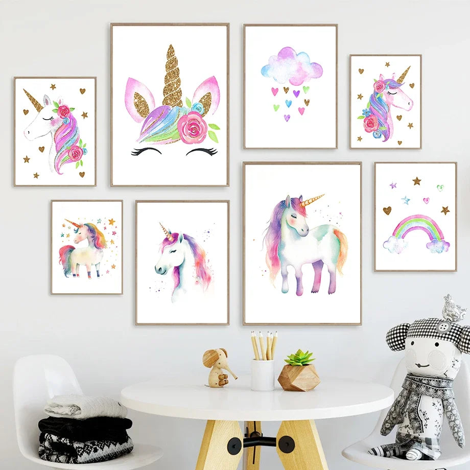 Unicorn Rainbow Watercolor Canvas Art for Girls Room