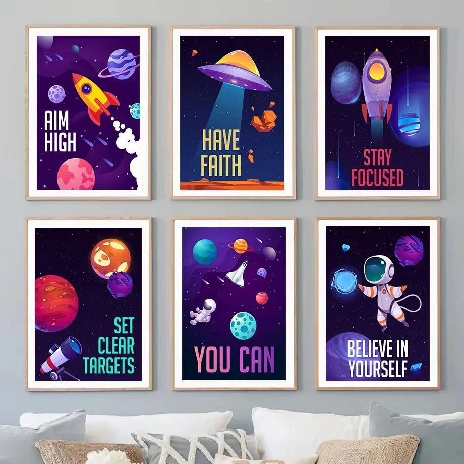 Astronaut Rocket Space Art Poster for Kids Room Decor